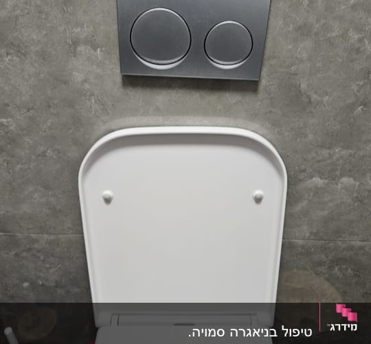 אסלה עם לחצני הדחה על קיר אפור